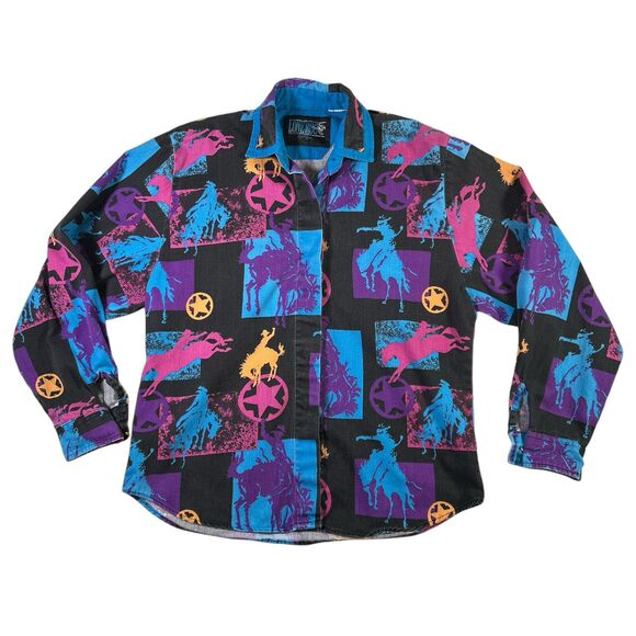 Vintage Lone Roo By Roper Western Shirt Black Purple Cowboy Geometric Print READ - Picture 1 of 16